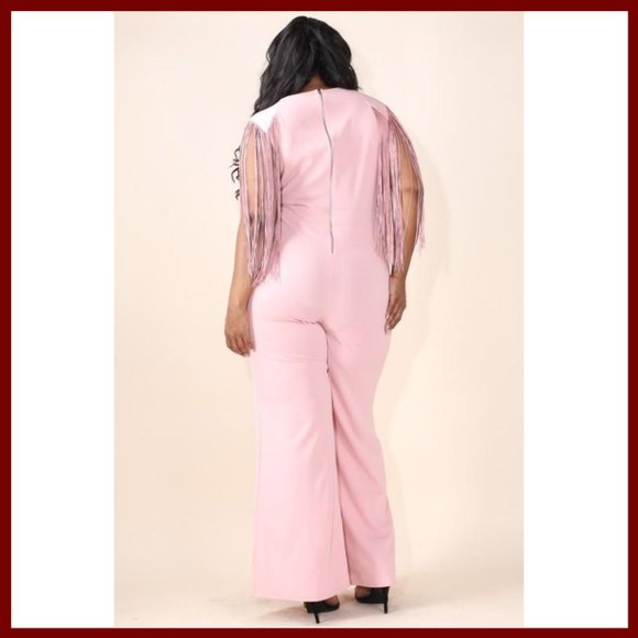 NWT Plus Size Fringe Shoulder V-Neck Jumpsuit Pink - Picture 7 of 8